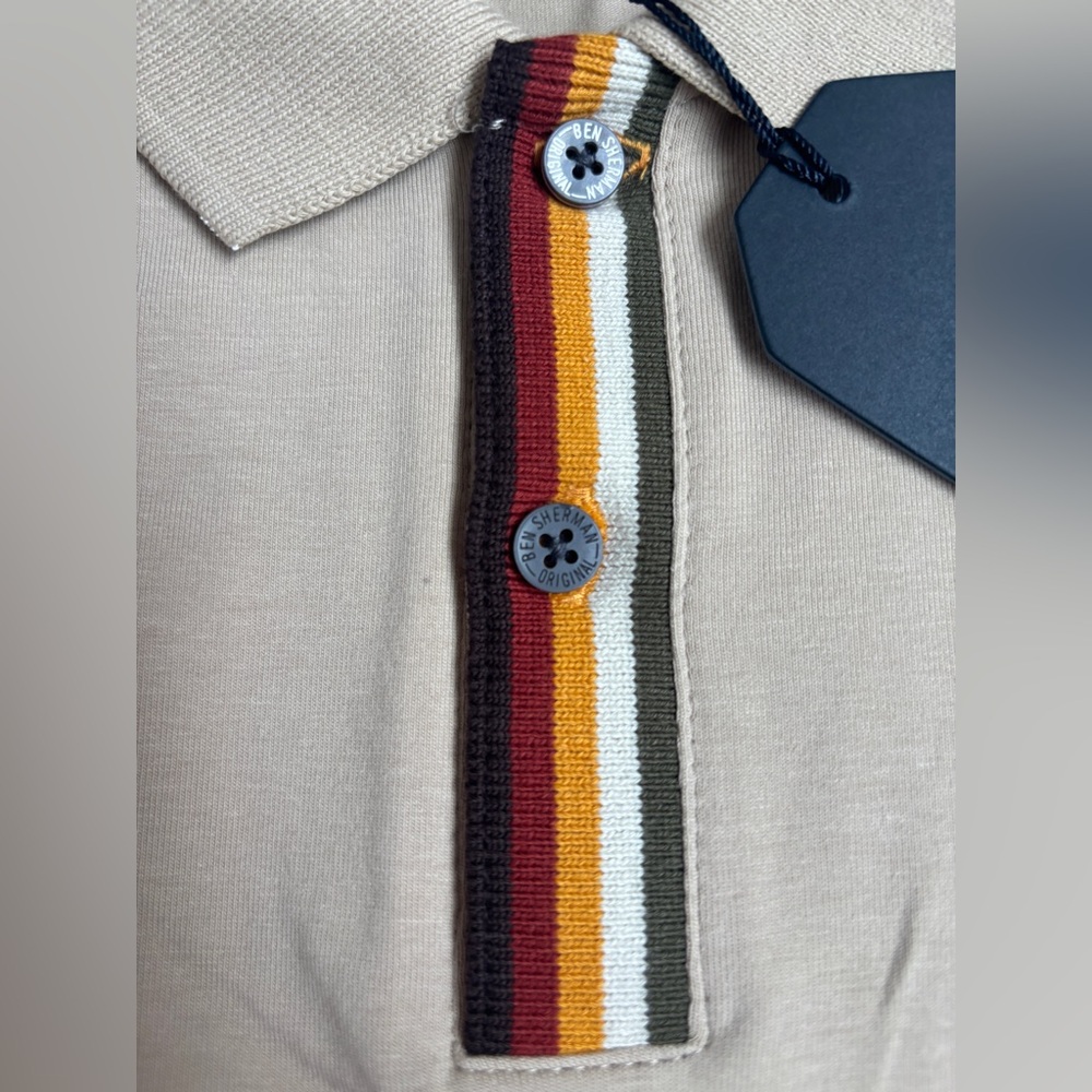 Ben Sherman Men’s Beige Polo Shirt Size L Multicolor Stripes Accents NWT - Picture 5 of 10